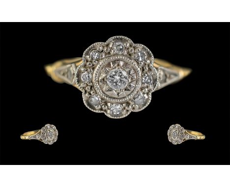 Antique Period - Pleasing 18ct Gold and Platinum Diamond Set Cluster Ring, Marked 18ct to Interior of Shank. Excellent Design