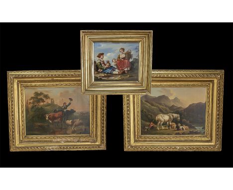Antique Oil on Panel, depicting rural parents and a child with a picnic basket and jug, in a country setting.  Image measures