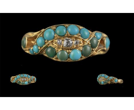 Victorian Period 1837 - 1901 Attractive 18ct Gold Turquoise and Diamond Set Ring, Excellent Setting. Turquoise Stones of Exce