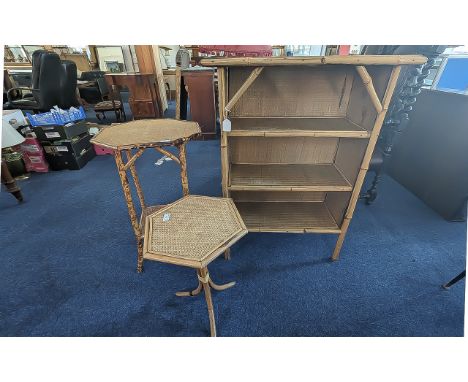 Vintage Bamboo & Rattan Bookcase, measures 39" high x 29" wide x 15" deep, with three shelves.  Together with an octagonal co