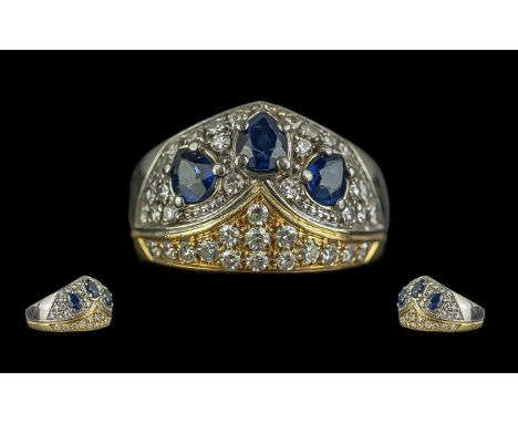 Diamond & Sapphire Dress Ring, fully hallmarked, three pear shaped Sapphires surrounded by 40 pave set round cut diamonds. Ri