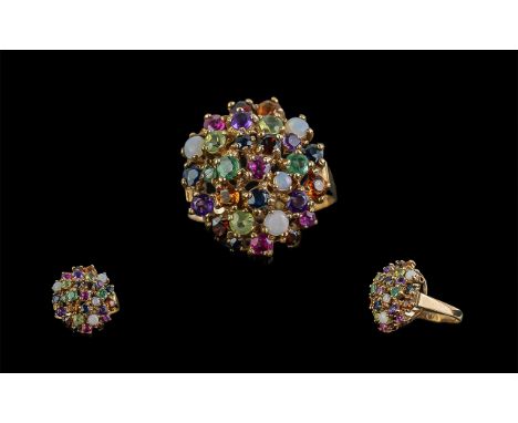 Ladies 9ct Gold Attractive Multi Gem Set Cluster Ring, full hallmark to shank, ring size R, weight 5.8g; shank and setting in