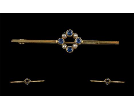 Early 1920s Attractive 9ct Gold Blue Sapphire and Pearl Set Brooch, full hallmark for Birmingham 1923, the blue sapphires of 