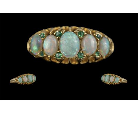 Antique Period - Excellent 18ct Gold 5 Stone Opal and Emerald Spacers Set Dress Ring, Gallery Setting. Full Hallmark to Inter