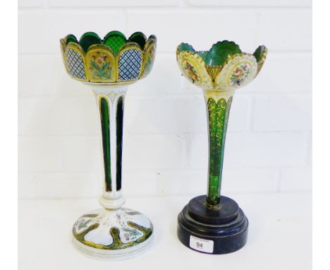 Two Bohemian glass table lamp lustre stands painted with flowers and gilt highlights (lacking lustres), tallest 32cm, (2) 