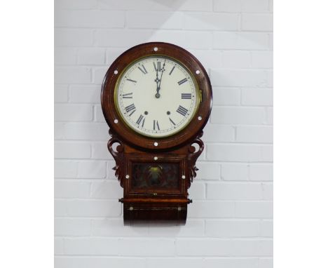 An abalone inlaid drop dial wall clock, the circular enamel dial with Roman numerals 