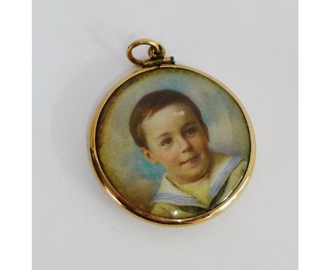 9 carat gold framed circular portrait miniature of a boy child dressed in a sailors suit, 4cm diameter 