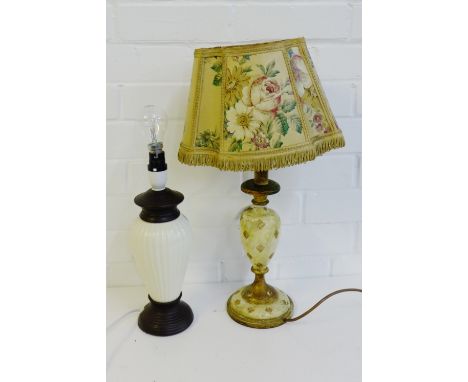 A gilt wood table lamp and shade together with a cream glazed pottery lamp base, (2) 