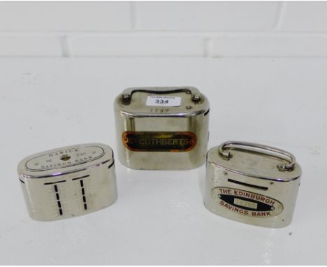 Three vintage money banks to include St. Cuthbert's, Hawick savings bank and the Edinburgh Savings bank, (3) 