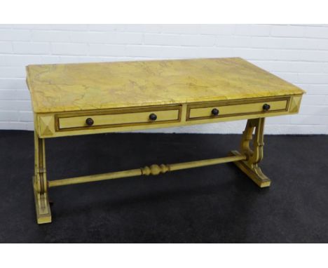 A painted sofa table, on lyre end supports,  60 x 123cm