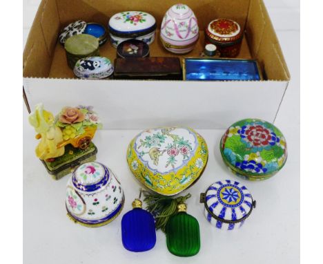 A collection of miscellaneous trinket boxes and covers including enamel, glass and porcelain, together, (a lot) 
