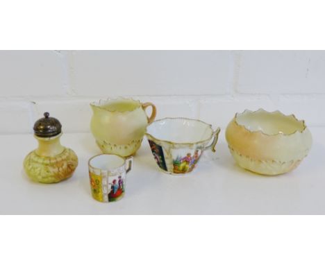 A group of three Locke & Co of Worcester blush ivory items to include a sugar bowl, cream jug, Epns mounted pepper pot, toget