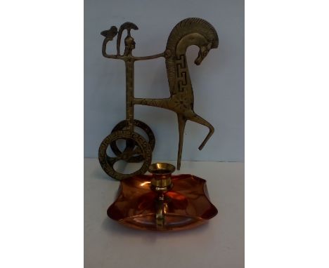 Brass chariot and horse figure together with a brass and copper chamber stick, height of chariot 26cm