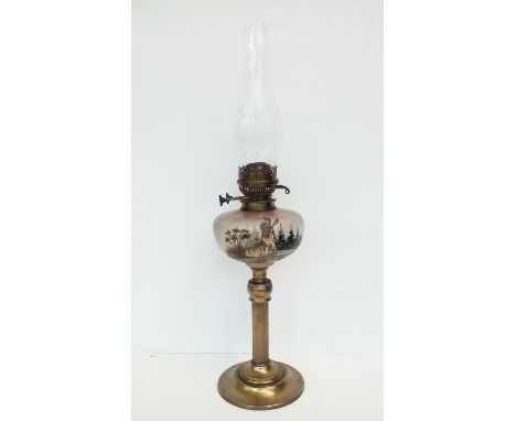 Brass oil lamp, glass reservoir depicting windmill scene, height 66cm 