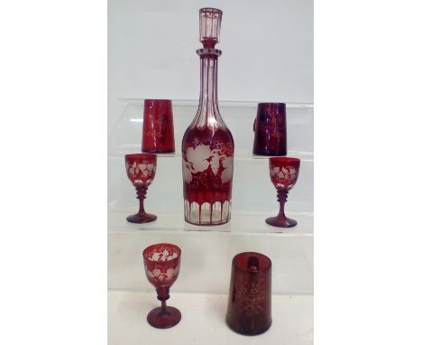 Bohemian decanter with three glassess together with further Victorian glassware etched with 'For A Good Boy' and 'For A Good 