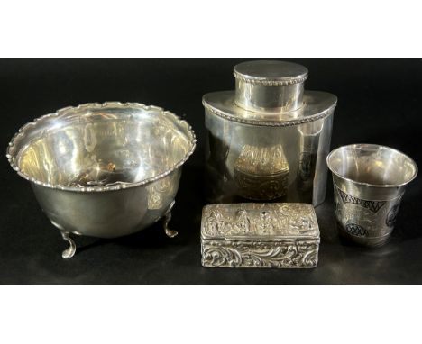 A silver tea caddy Birmingham 1906, maker Deacon &amp; Francis Ltd, an Adie Brothers Ltd sugar bowl, a damaged snuff box and 