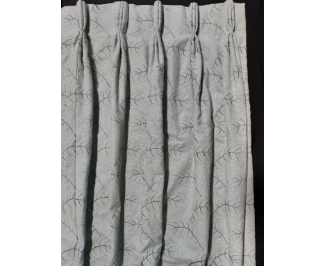 3 pairs of good quality heavy linen curtains in a patterned duck egg blue fabric, lined and thermal lined with triple pleat h