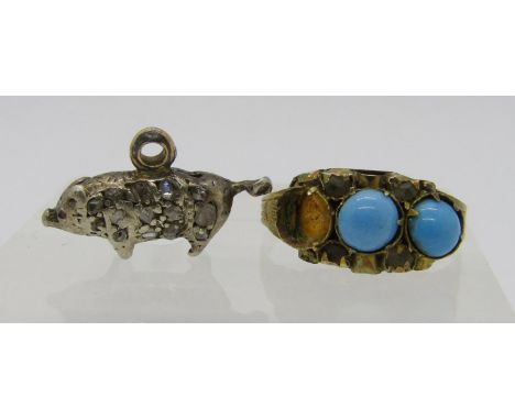 Small Victorian pig charm pave set with rose-cut diamonds, 1.6cm W approx, 1.4g and an antique 9ct ring set with simulated tu