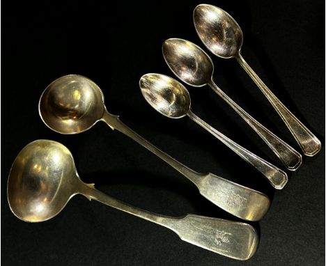 A mixed selection of mostly late Georgian and Victorian silver flatware, 7 spoons, one mustard spoon, single fork with two si