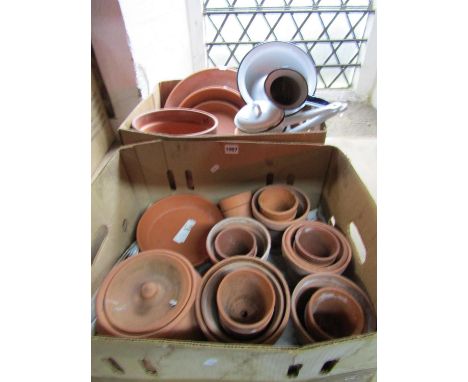 Two boxes of weathered terracotta flowerpots of varying size together with a few enamel items 