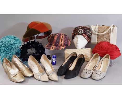 A collection 1960's-70's hats, bags and shoes including the following: 60's dark blue chicken feather hat with netting by Mod