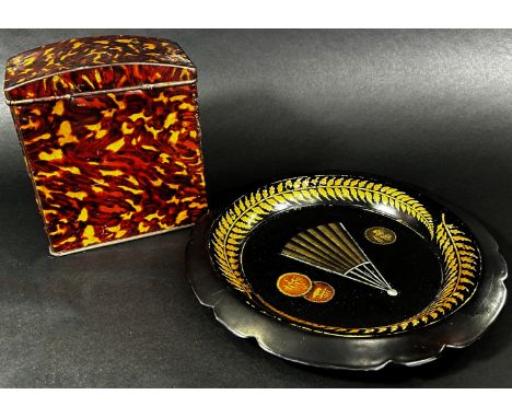 A large mustard coloured tin tea canister / caddy 45cm high together with, a tin tortoise shell tea caddy, and a black lacque