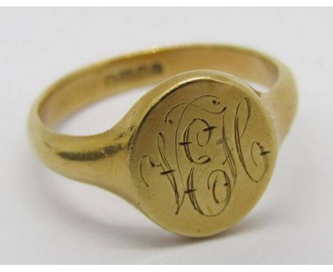 18ct signet ring with engraved initials, maker 'W.W&amp;S', Birmingham 1929, size Y, 9.9g 