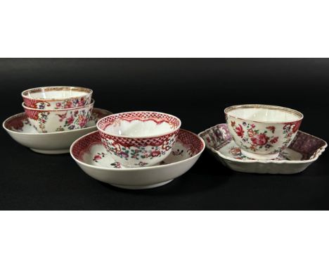 Four 18th century Chinese export Famille rose tea bowls and two saucers together with a small shaped dish 