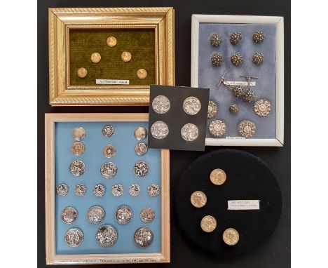 A collection of silver buttons including 19th and early 20th century English pictorial and coin type examples, early toggle t