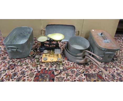 A large collection of copper kitchen pans to include saucepan, two shallow pans, boiling pans, a set of Victorian postal scal
