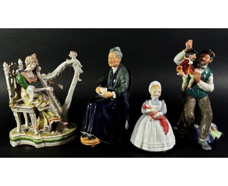 A 19th century German group - female harpist, a Doulton figure - The Puppet Maker, HN2253, The Cup of Tea, HN2322 and The Rou