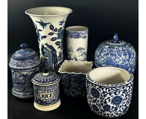 A large collection of 20th century blue &amp; white ceramics and porcelain to include a large Chinese stick stand, 47cm high,