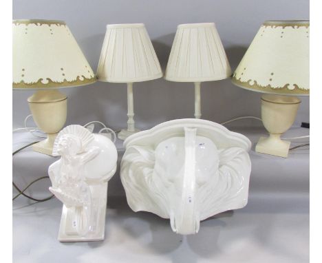 Lighting / interior design to include a novelty / humorous white porcelain elephant wall bracket, a Burlesque Fan Dancing Gir