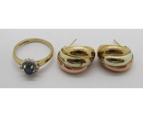 9ct sapphire and diamond cluster ring, size K/L and a pair of 9ct tri-colour earrings, 3.6g total (3) 