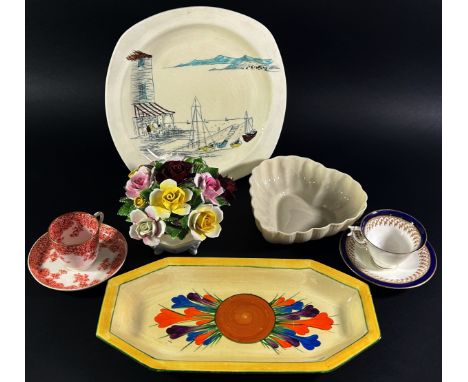 Clarice Cliff crocus pattern sandwich plate and one other, Celtic pottery vase, Midwinter Riviera plate after Hugh Casson, et