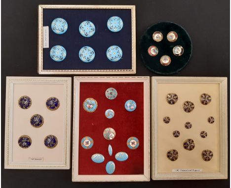 19th century enamel buttons including a set painted and gilded buttons and individual examples, all neatly displayed (total 3
