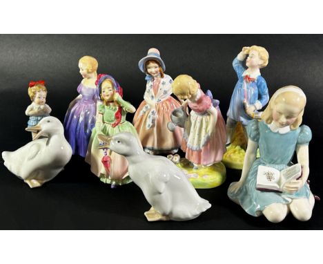 A collection of Royal Doulton figures including Alice, Mary Mary, and others together with two Nao ducks, etc (9) 