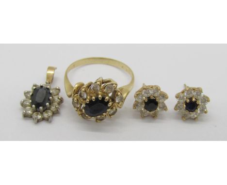 Group of matched sapphire set jewellery comprising a 14ct gem cluster dress ring set with a sapphire and colourless stones, t