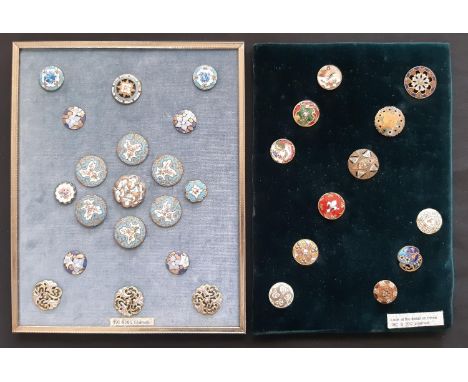A collection of 19th - 20th century enamelled buttons, all individual and finely detailed, mounted on 2 velvet cards includin
