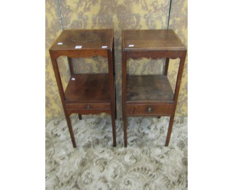 Two similar Georgian washstands/lamp tables of square cut form one oak the other mahogany each fitted with a drawer 