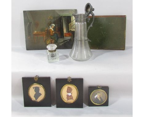A Miscellaneous collection of items including, an oil on board kitchen scene 35cm x 27cm, a claret jug, an inkwell, two silho