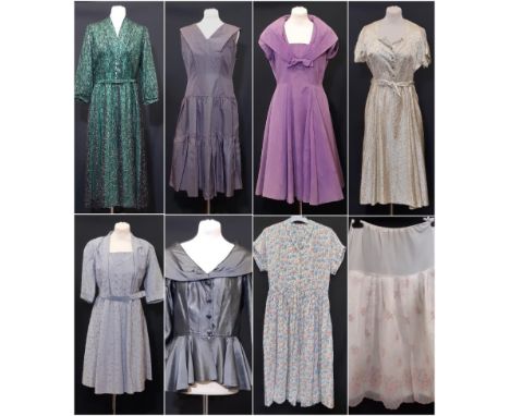 A collection of 1950's ladies garments including a purple evening dress by Carnegie in water marked model fabric with a full 