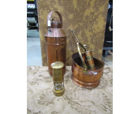 A vintage copper milk churn together with a copper coal bucket, miners' lamp, etc 