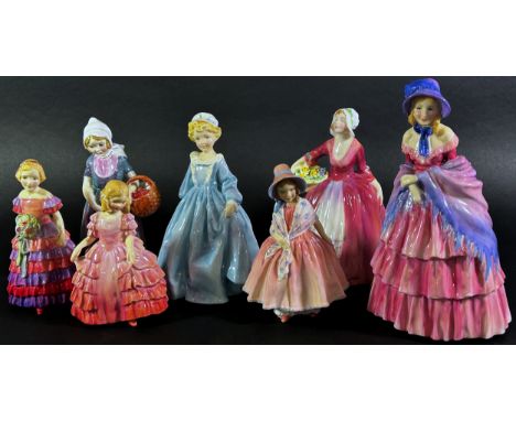 A collection of five Royal Doulton figurines to include Annette, Rose, Lily, The Little Bridesmaid, a Victorian lady and Jane