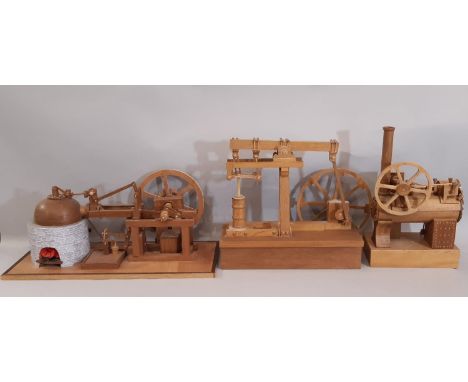 3 scratch built wooden models of early steam engines in teak including a stationary engine with arched brick firebox, piston 