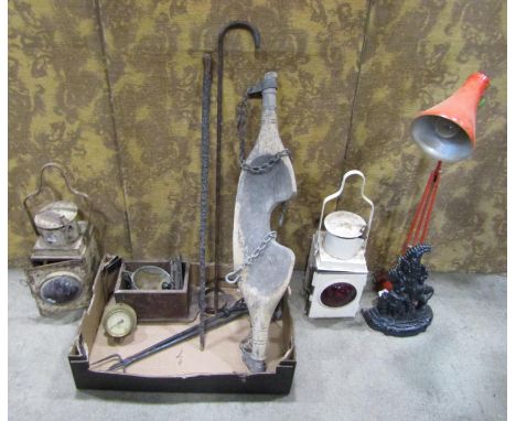 A collection of miscellaneous vintage items to include a Herbert Terry anglepoise table lamp, a Mister Punch cast iron door s