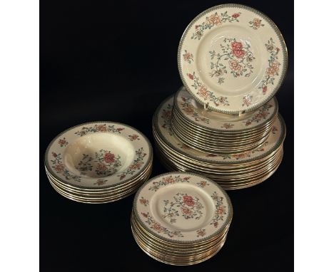 Minton Jasmine pattern dinnerware comprising twelve dinner plates, eleven side plates of two sizes, six soup bowls and ten sa