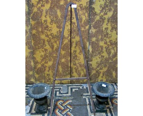 Iron tripod pot hook and a pair of small fluted iron urns (3) 
