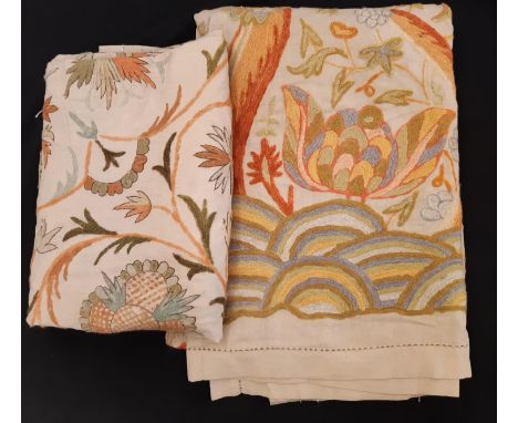 Two vintage Indian crewel work panels/ bedspreads including a chain stitch Tree of Life type design in pink, gold, olive, lig