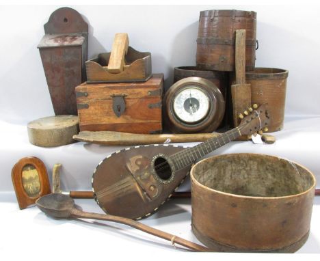 Collection of treen items to include bushel measures, seed fiddle,  spoons, a mahogany tray, a walking stick a mandolin, whee